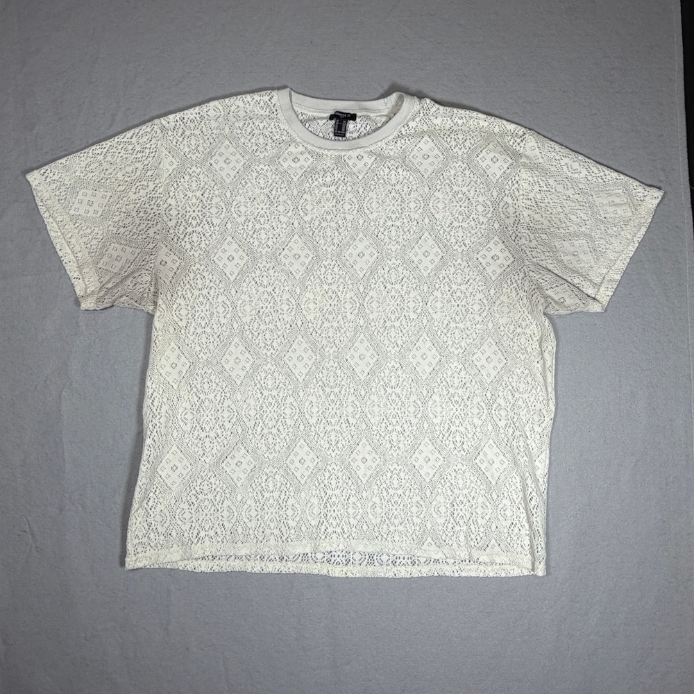 Forever 21 Men XXL White Lace Knit T-Shirt Sheer Geometric Diamond Boho Festival